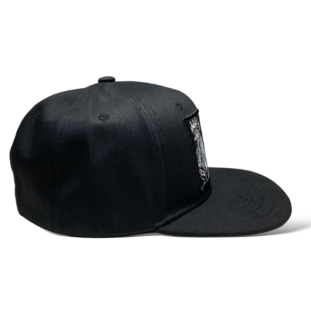 Black Snapback Cap with Embroidered Rooster Design