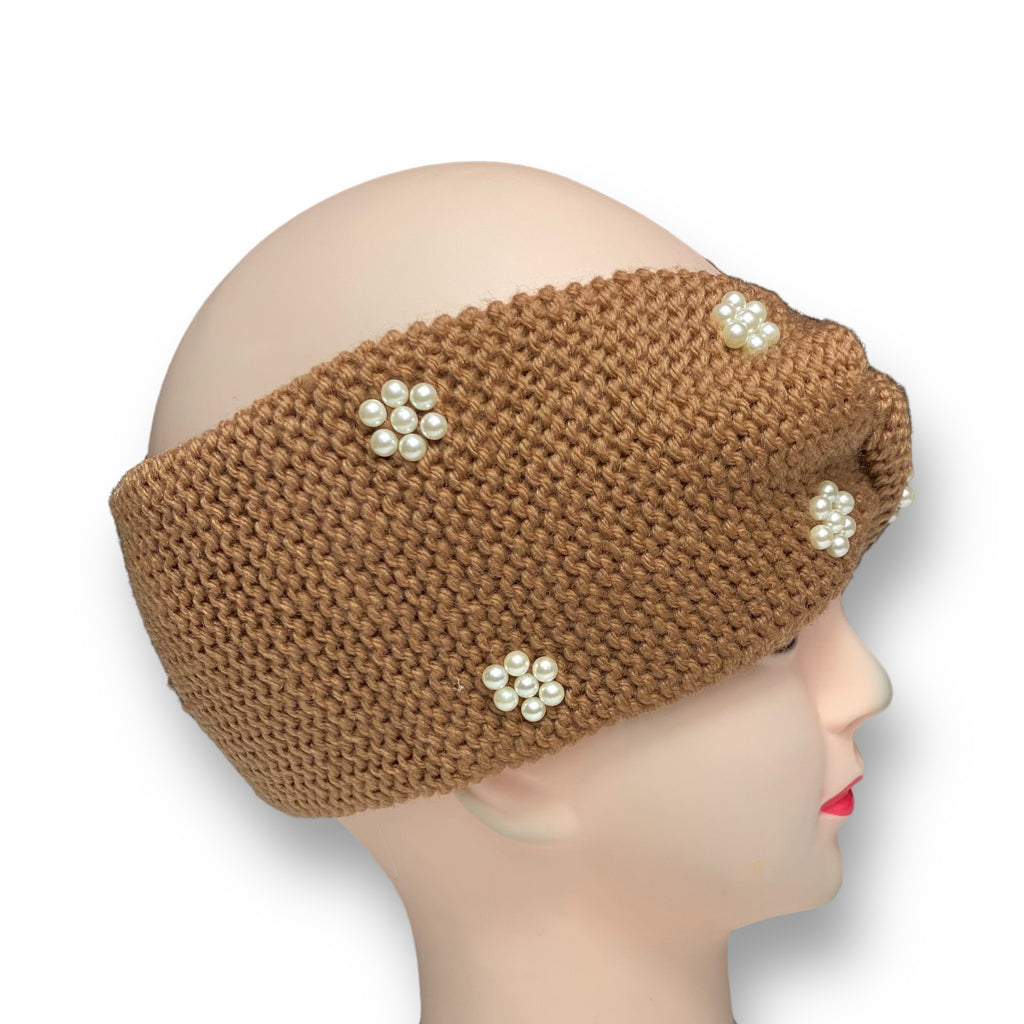 Women's Winter Knitted Headband Pearl Beads Ear Warmer Hairband – Brown