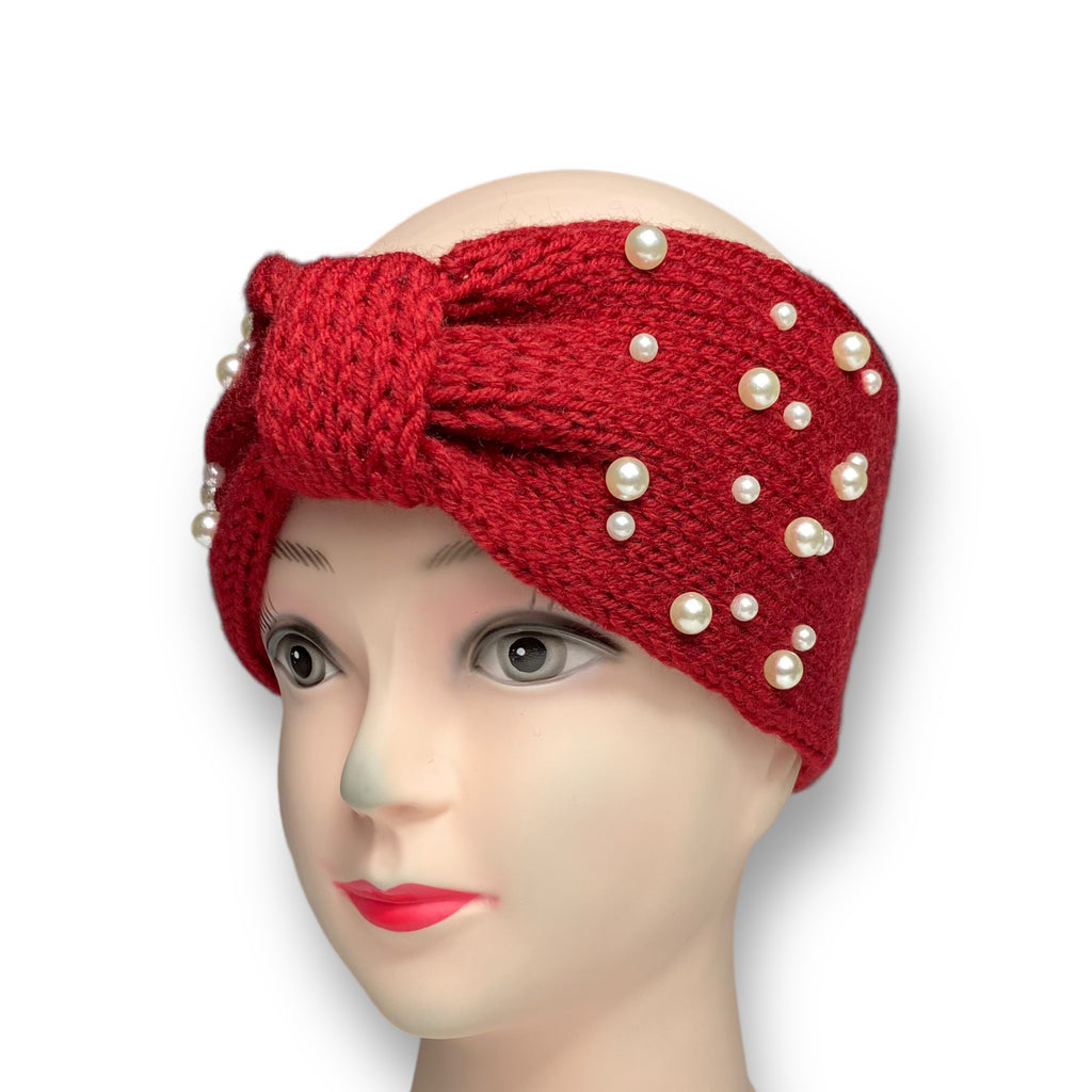 Red women's knitted winter ear warmer headband with pearl beads, designed to keep you warm and stylish during cold weather.