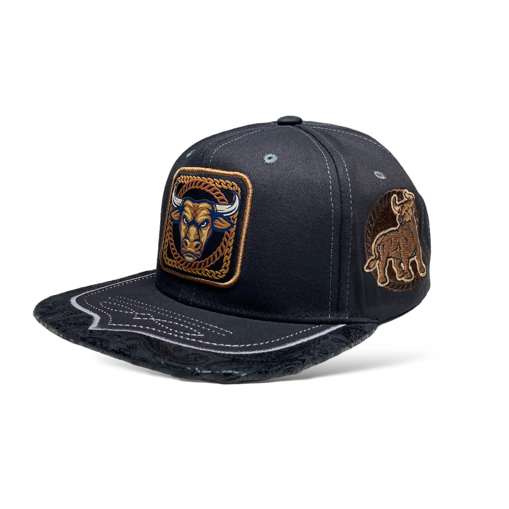 Black Western Style Snapback Cap with Embroidered Bull Patch