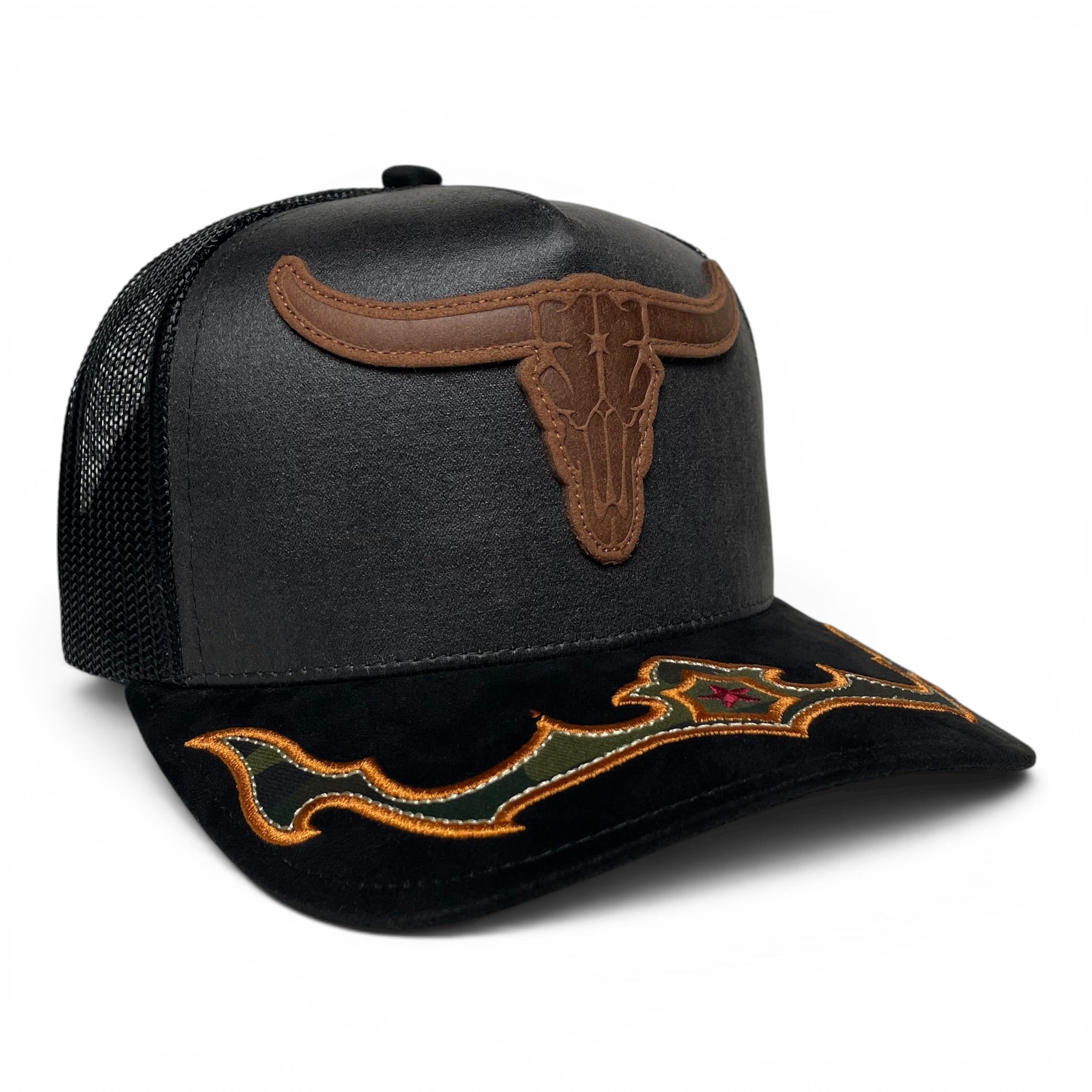 Cowboy Bull Longhorn Rodeo Western Trucker Hat with Suede Brim - Black
