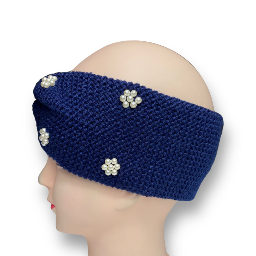 Women's Winter Knitted Headband Pearl Beads Ear Warmer Hairband – Navy