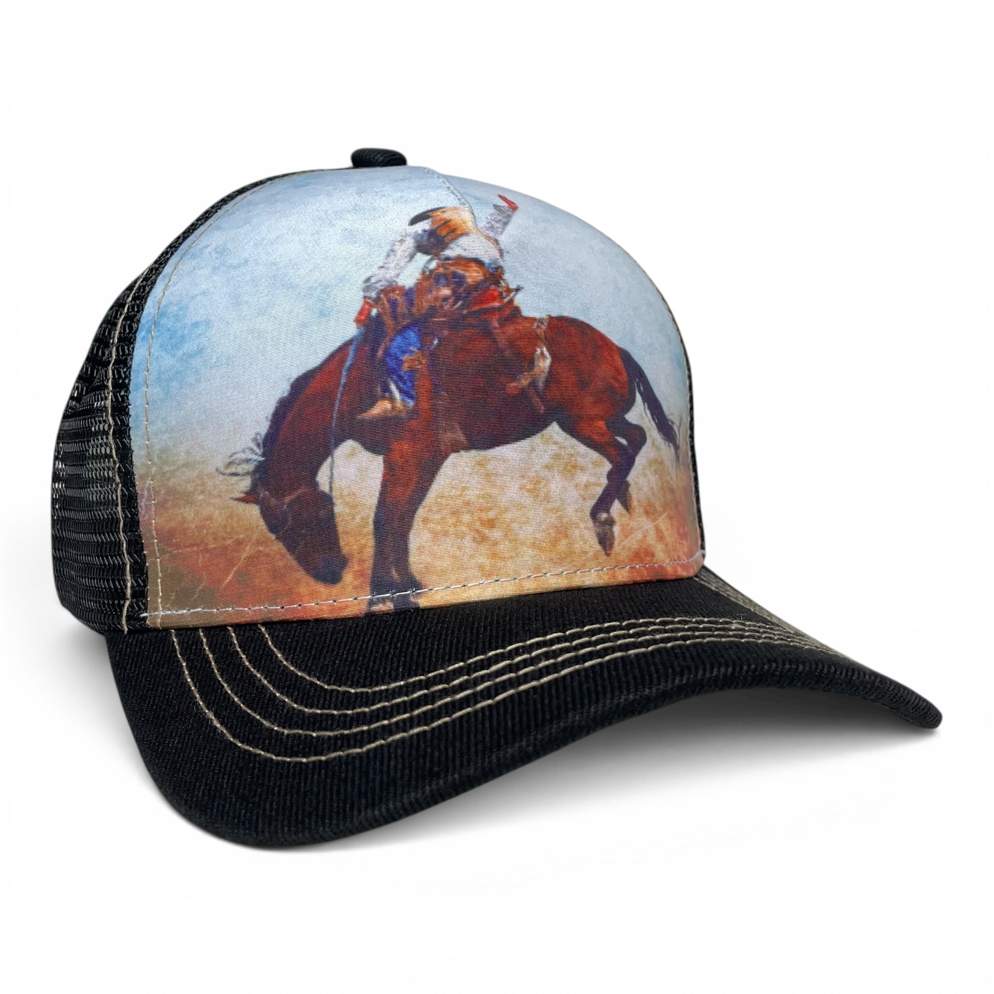 Cowboy Taming Bronco Adjustable Trucker Hat - Western Style Cap for Men and Women