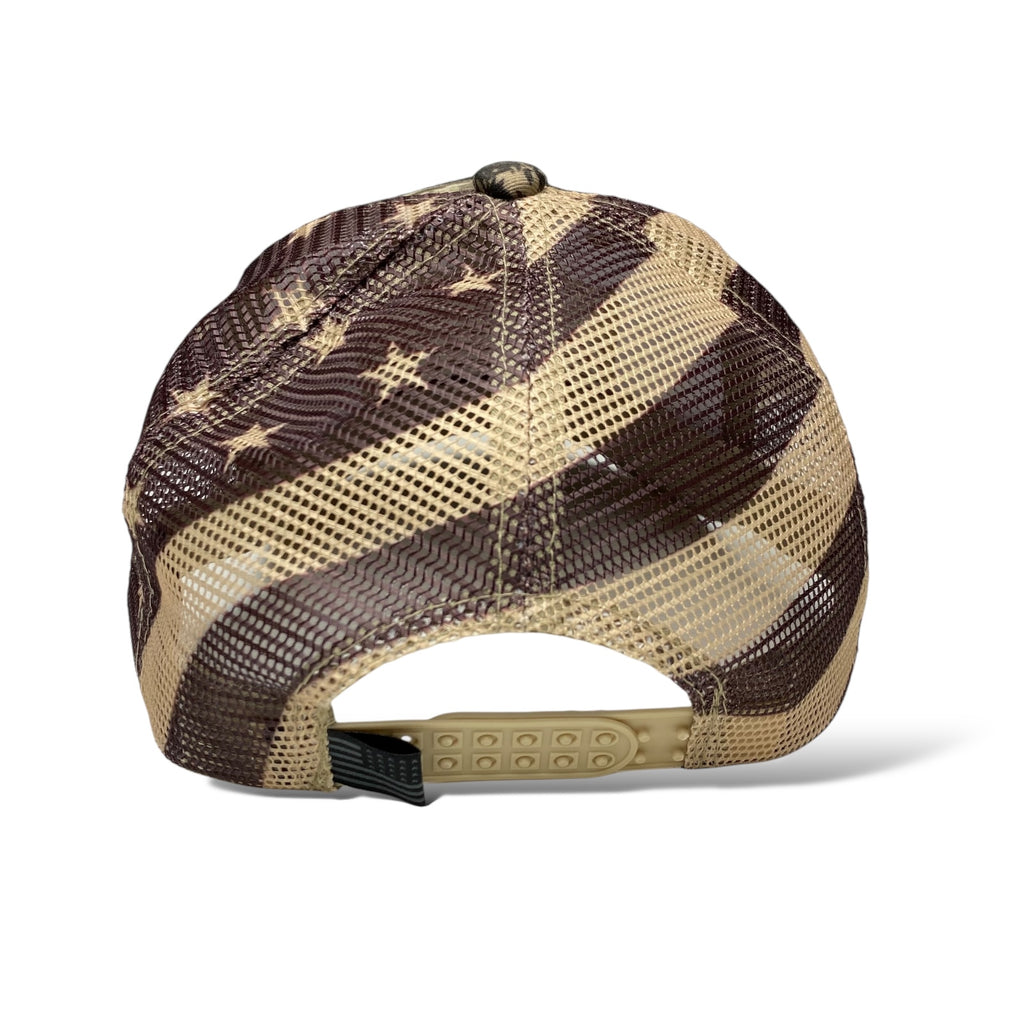 Trucker Hat with Camouflage Pattern, Embroidered USA Flag, Tree & Leaf Design