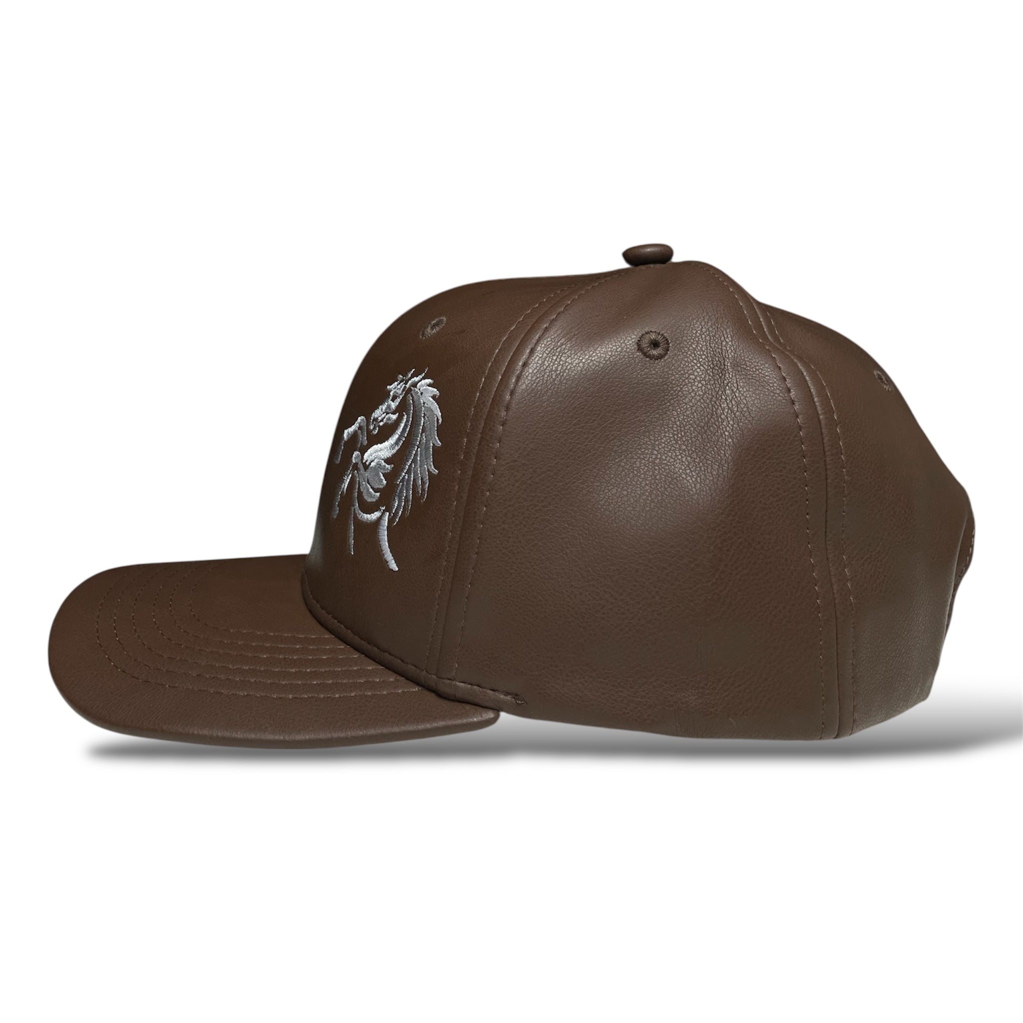 Gorra Western Cowboy Snapback Café de Cuero PU, Doble Caballo Stallion Bordado