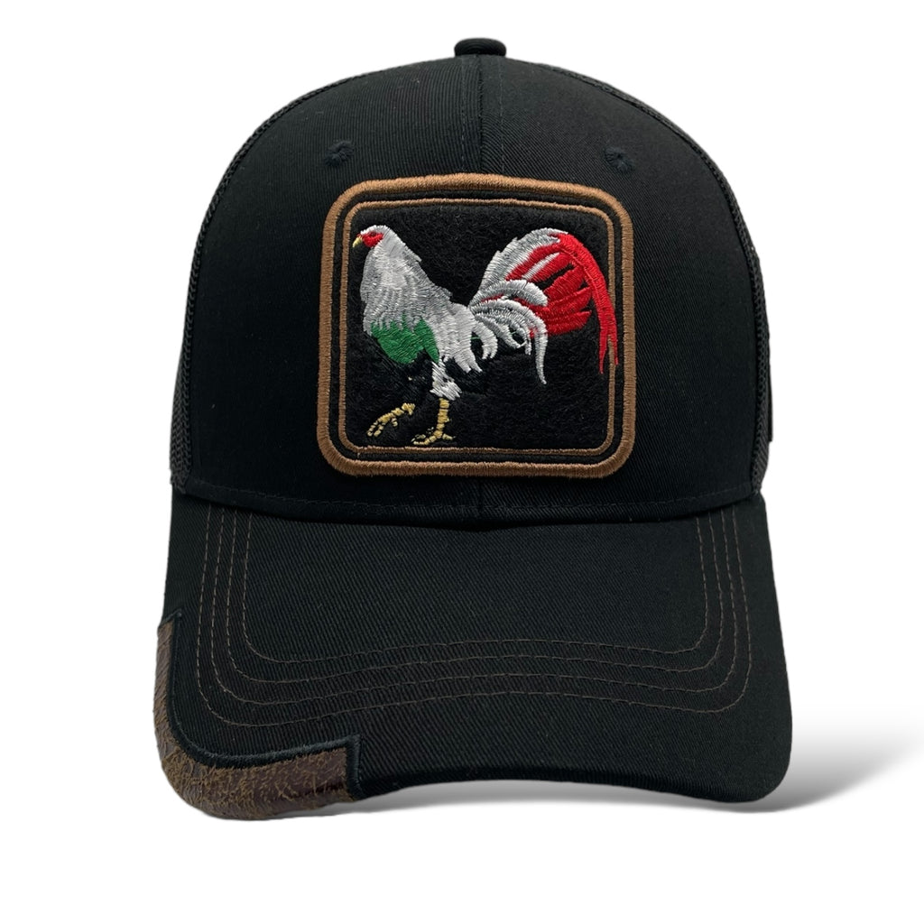 Wholesale Black Trucker Snapback Baseball Cap with Mexican Rooster Design - Mesh, Curved Bill