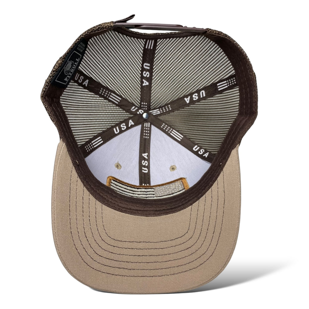 Tan and Brown Trucker Hat with Embroidered USA Flag Patch