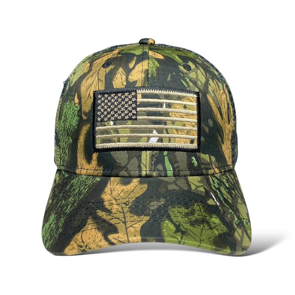 Trucker Hat with Camouflage Design, Embroidered USA Flag, and Tree & Leaf Patter