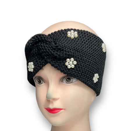 Black women's knitted winter ear warmer headband with pearl beads, combining warmth and elegance for your cold weather style.