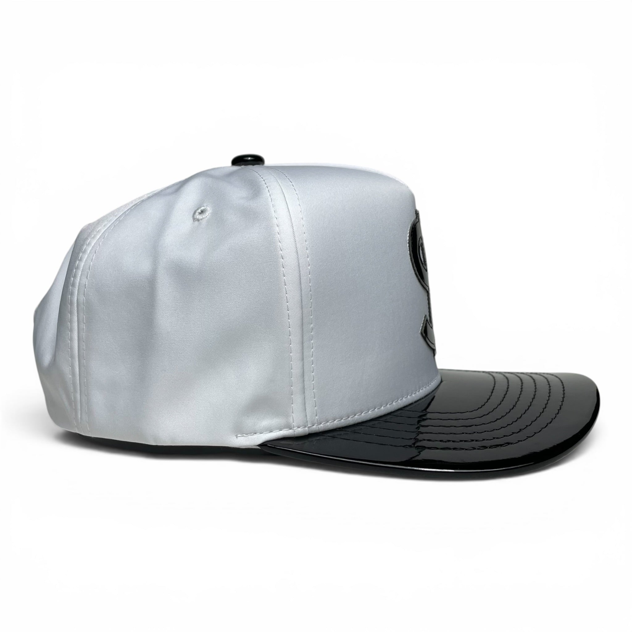 Dollar Sign Money Logo Snapback Hat, White and Black, Vinyl Flat Brim