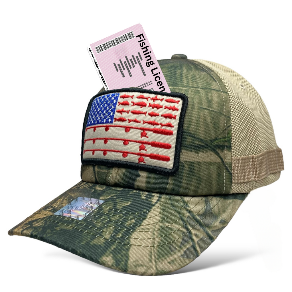 Fishing Hat with Embroidered American Flag Patch and Camo Design | Wholesale