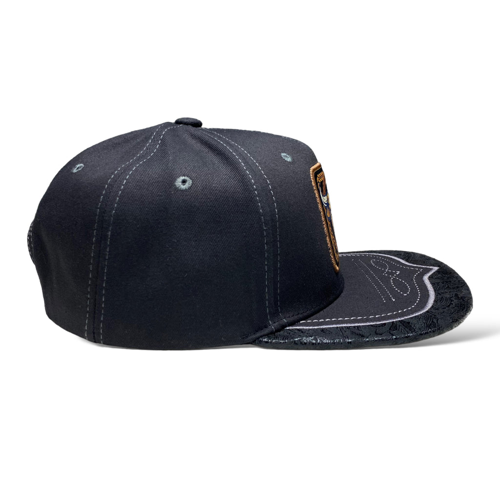 Black Western Style Snapback Cap with Embroidered Bull Patch