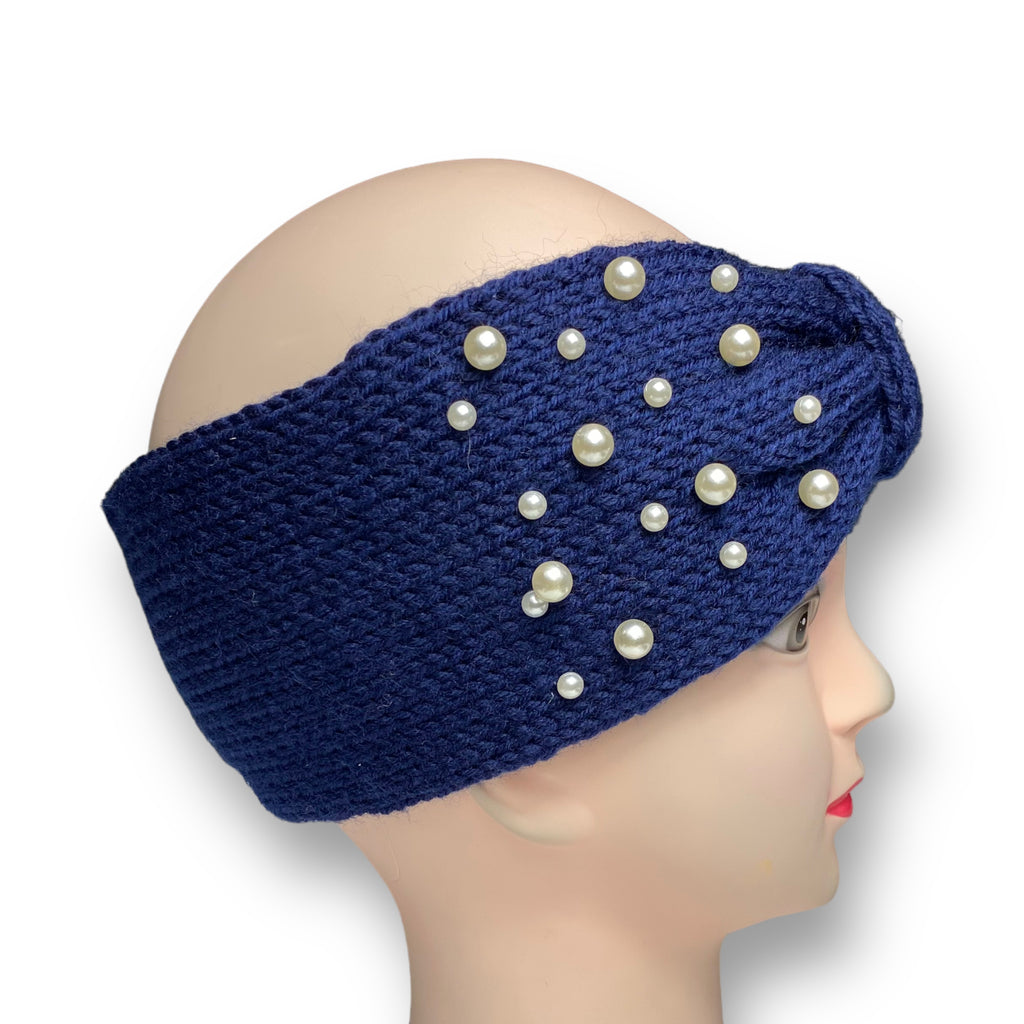 Women's Winter Knitted Ear Warmer Headband with Pearl Beads – Navy