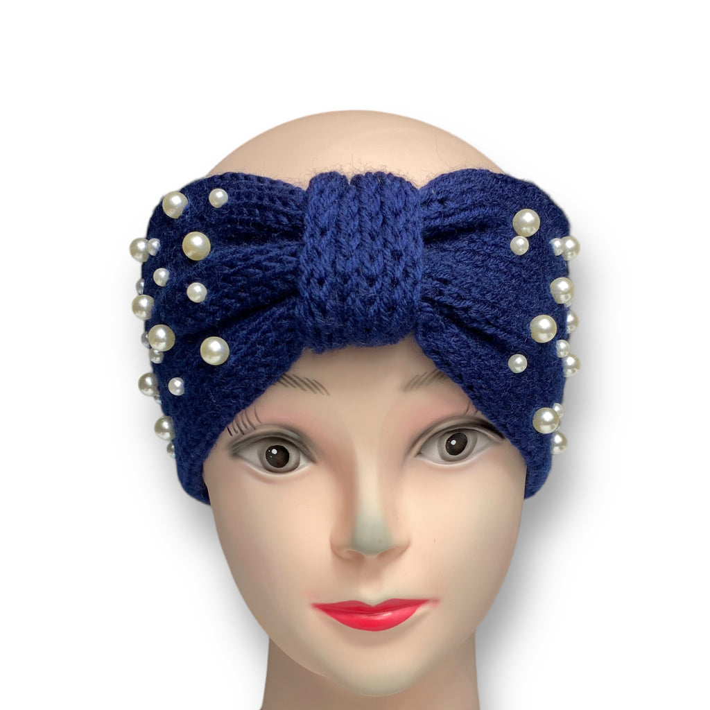 Women's Winter Knitted Ear Warmer Headband with Pearl Beads – Navy