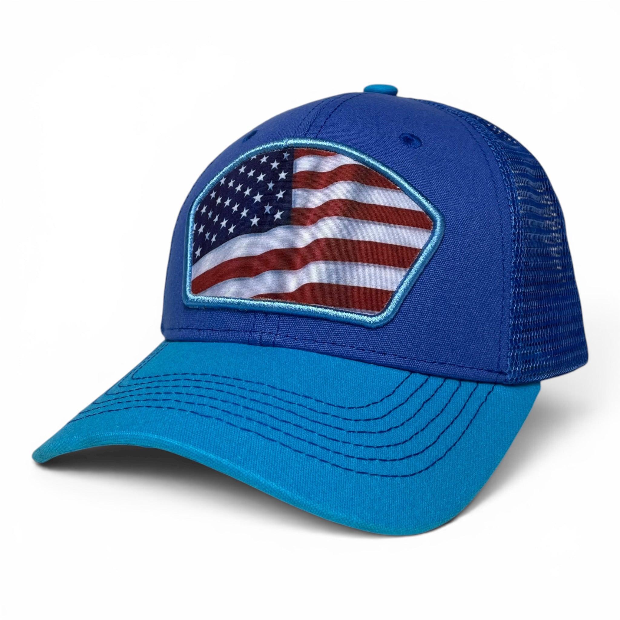 American Flag Trucker Snapback Cap – Blue, curved brim, Unisex