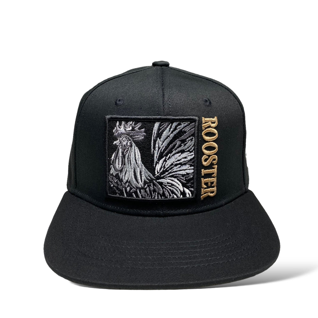 Black Snapback Cap with Embroidered Rooster Design