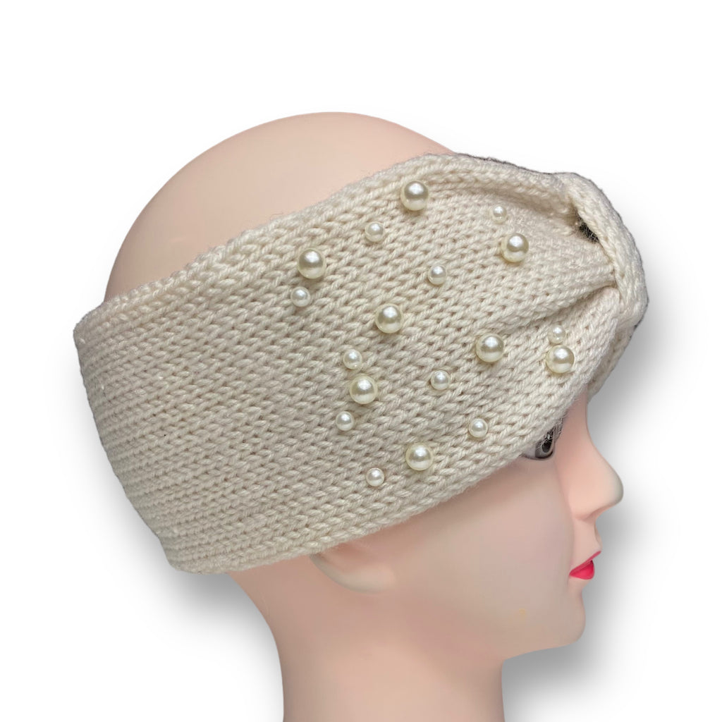 Women Crochet Knitted Turban Headband Pearl Bead Hairband Ear Warmer