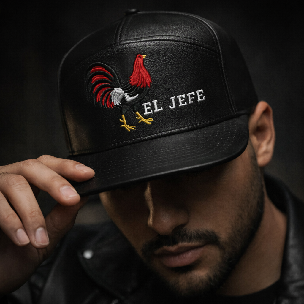 El Jefe Rooster Leather Snapback Camper Hat Black