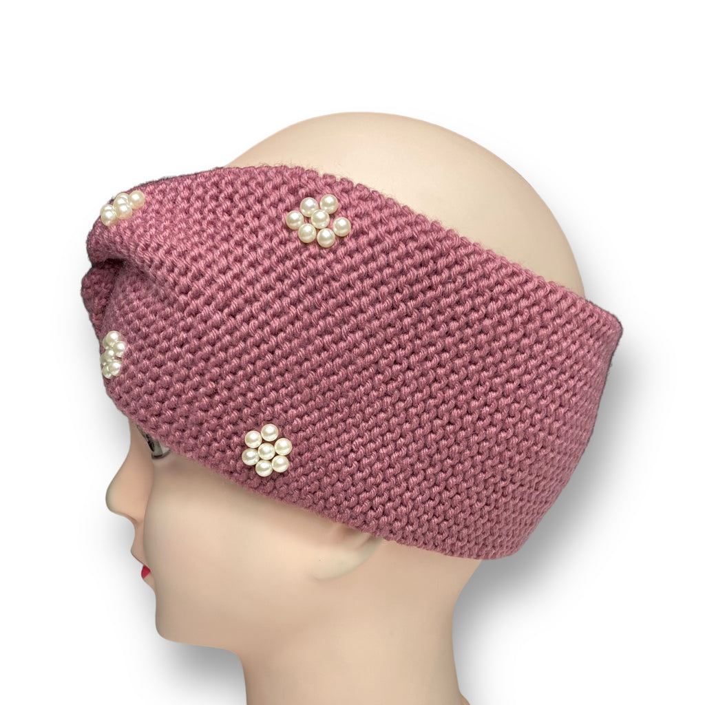 Women's Winter Knitted Headband Pearl Beads Ear Warmer Hairband – Pink