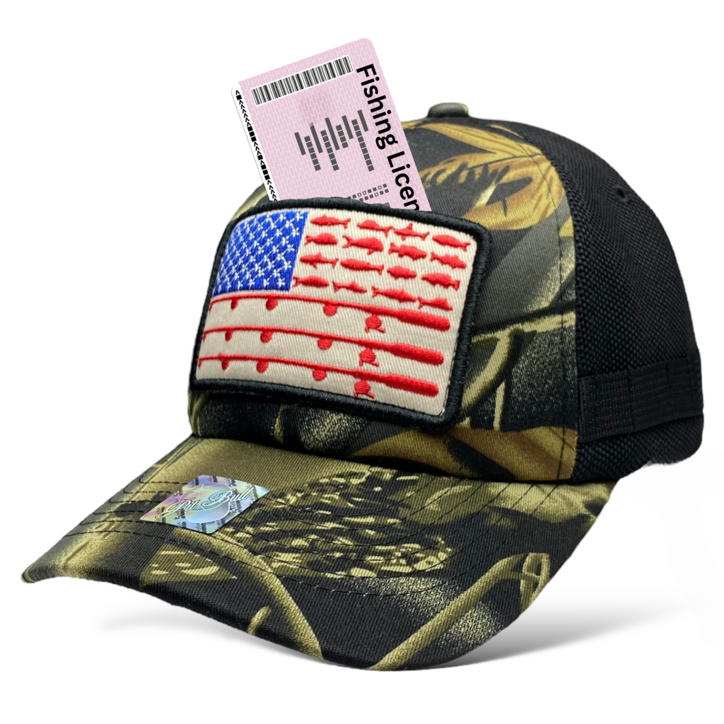 Camouflage Fishing Cap with Embroidered American Flag Pocket Patch | Wholesale