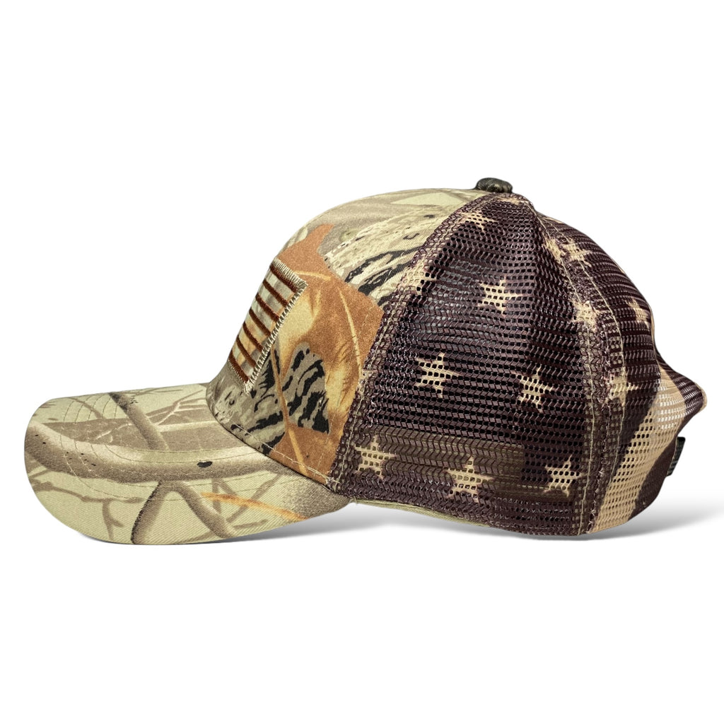 Trucker Hat with Camouflage Pattern, Embroidered USA Flag, Tree & Leaf Design