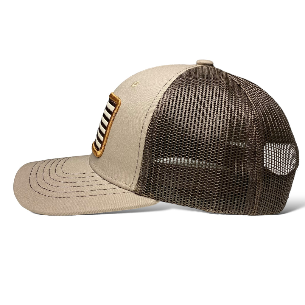 Tan and Brown Trucker Hat with Embroidered USA Flag Patch