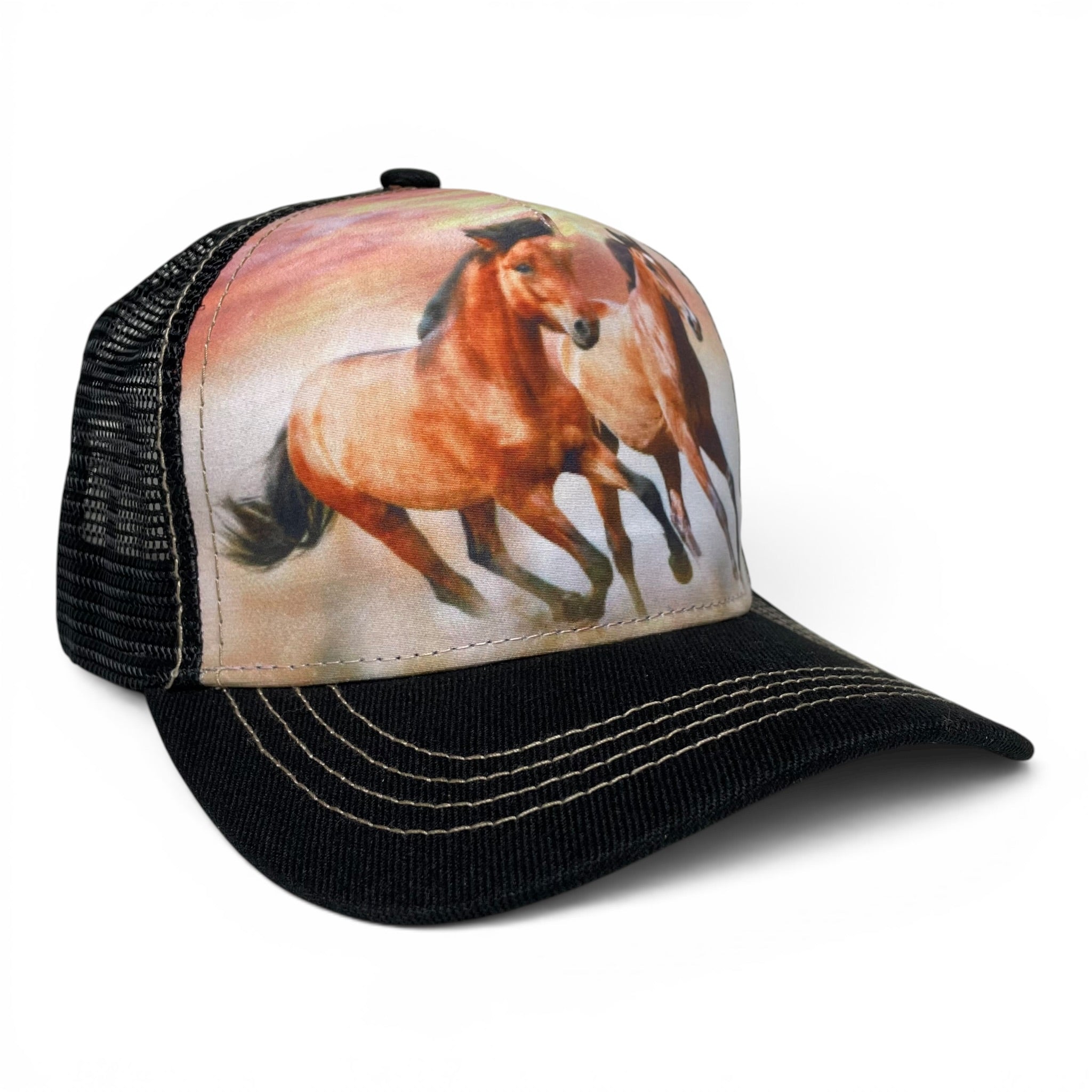 Gorra Dos Caballos Bronco Galopando, Negra, Ajustable, Estilo Ranchero