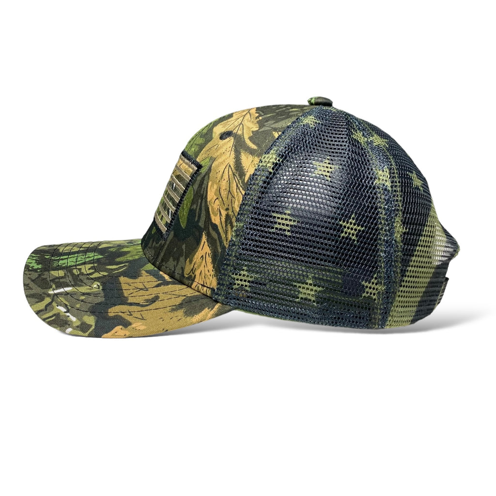 Camouflage Trucker Hat with Embroidered USA Flag - Tree and Leaf Pattern Cap