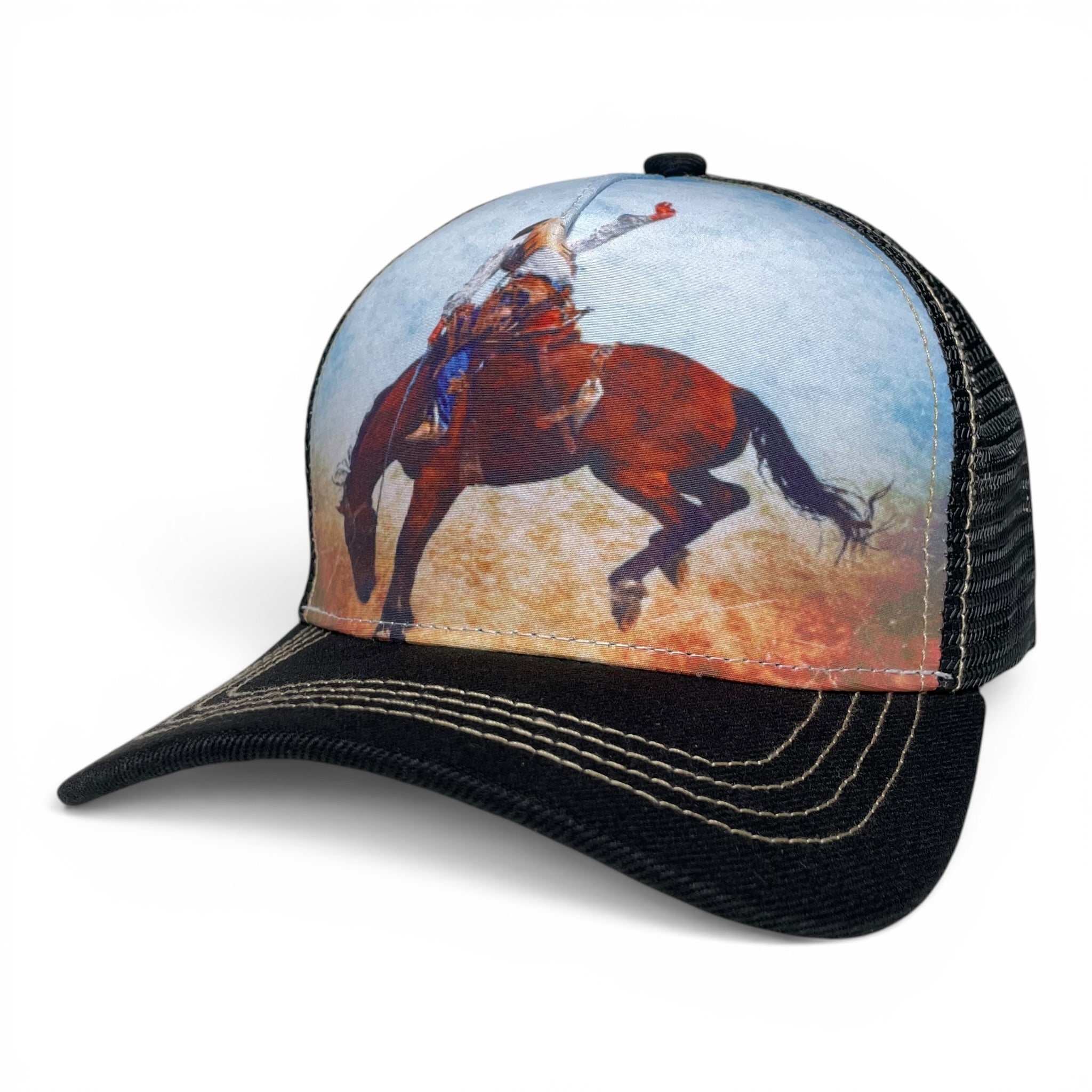 Cowboy Taming Bronco Adjustable Trucker Hat - Western Style Cap for Men and Women