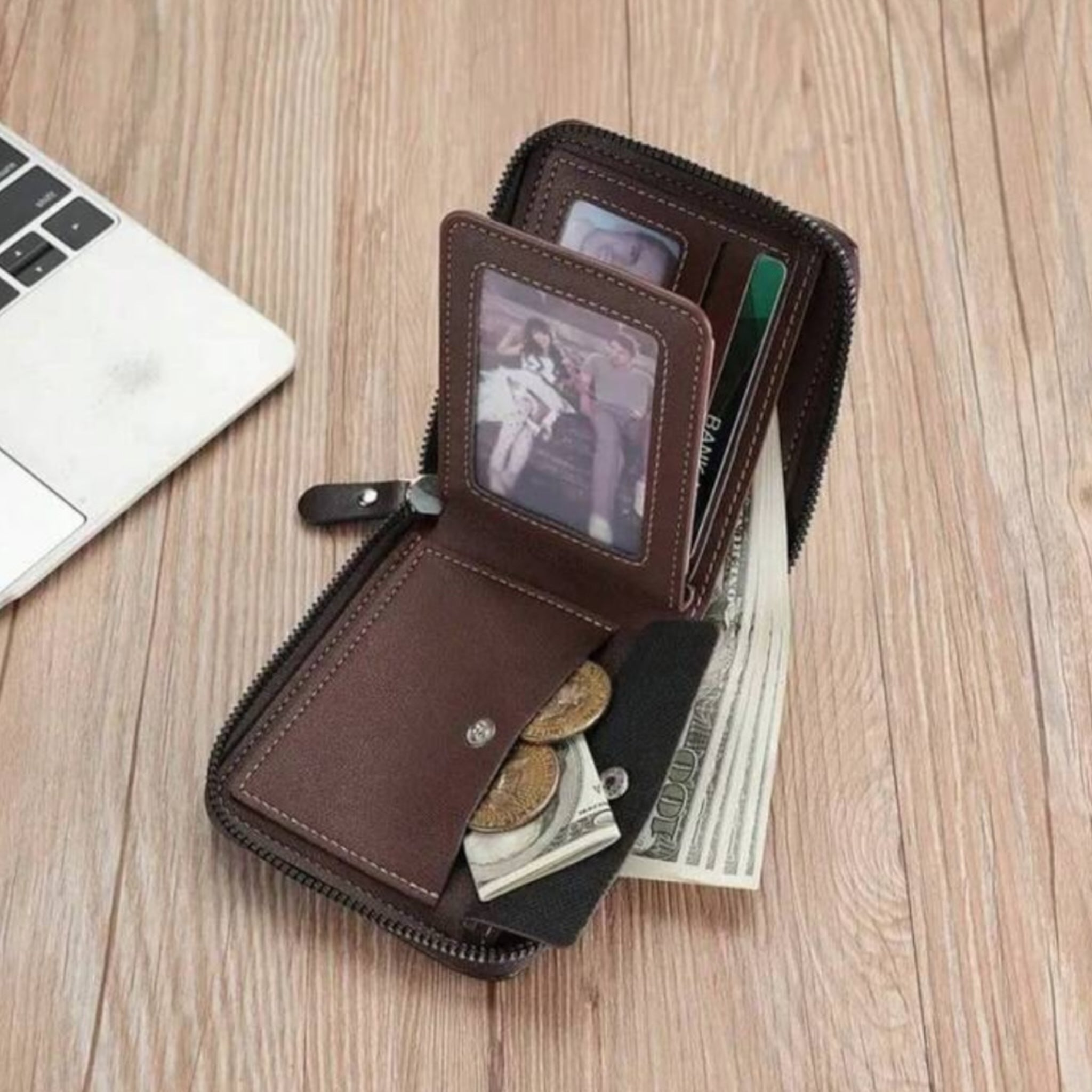 Carrken Style Leather Men's Brown Bifold Zipped Around wallet