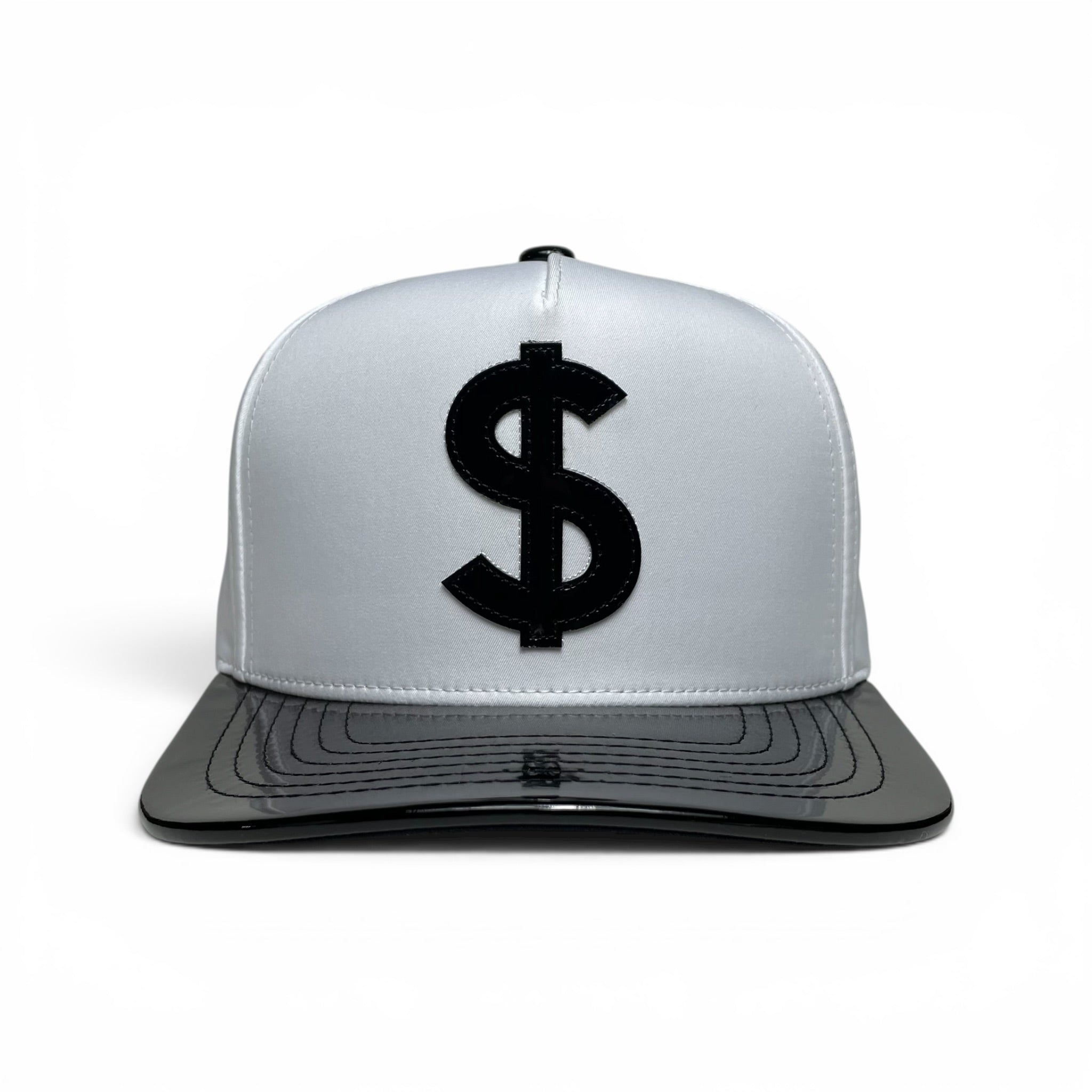 Dollar Sign Money Logo Snapback Hat, White and Black, Vinyl Flat Brim