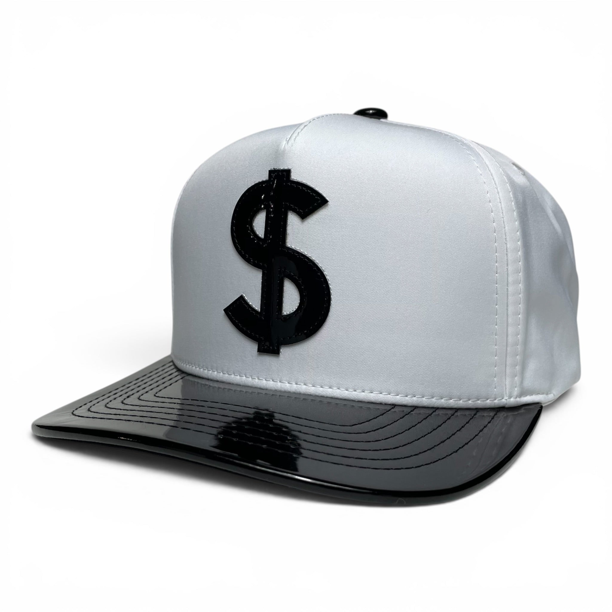 Dollar Sign Money Logo Snapback Hat, White and Black, Vinyl Flat Brim
