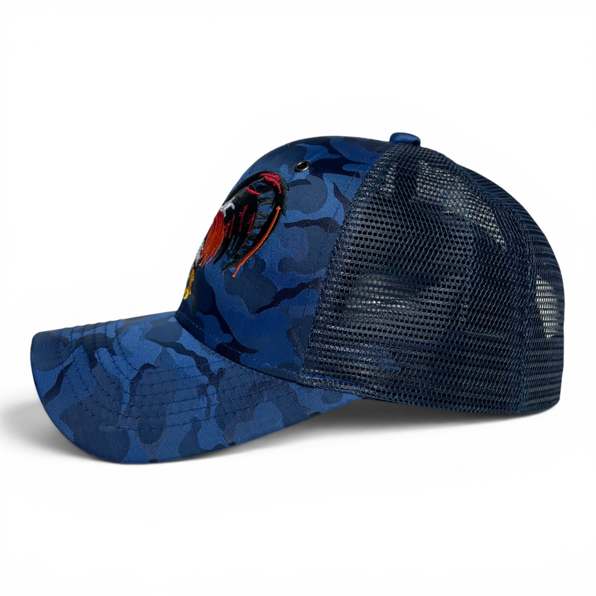 Rooster Embroidered Trucker Snapback Cap Blue Camo Rodeo Style