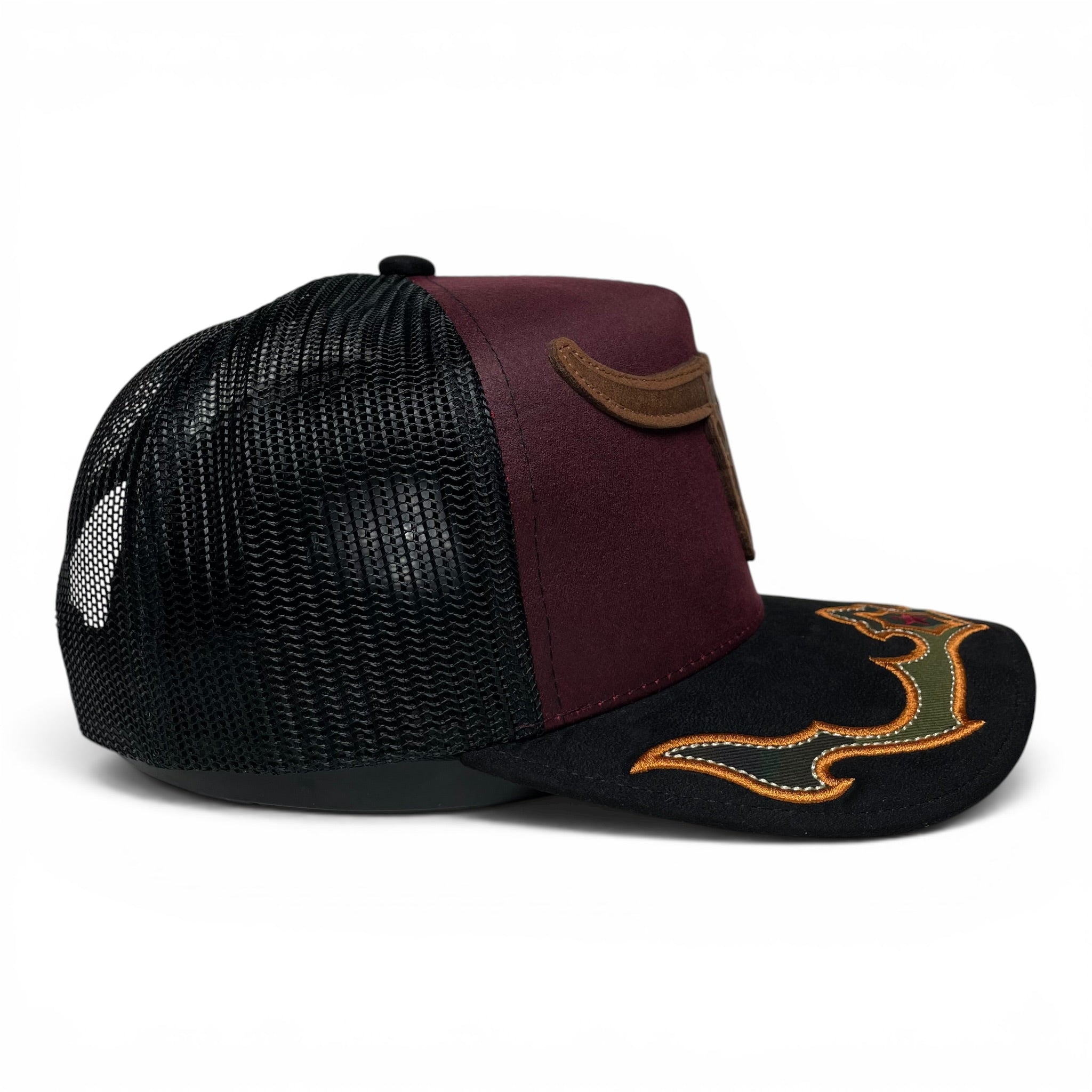 Western Long Horn Oil Leather Trucker Snapback Hat with Suede Visor