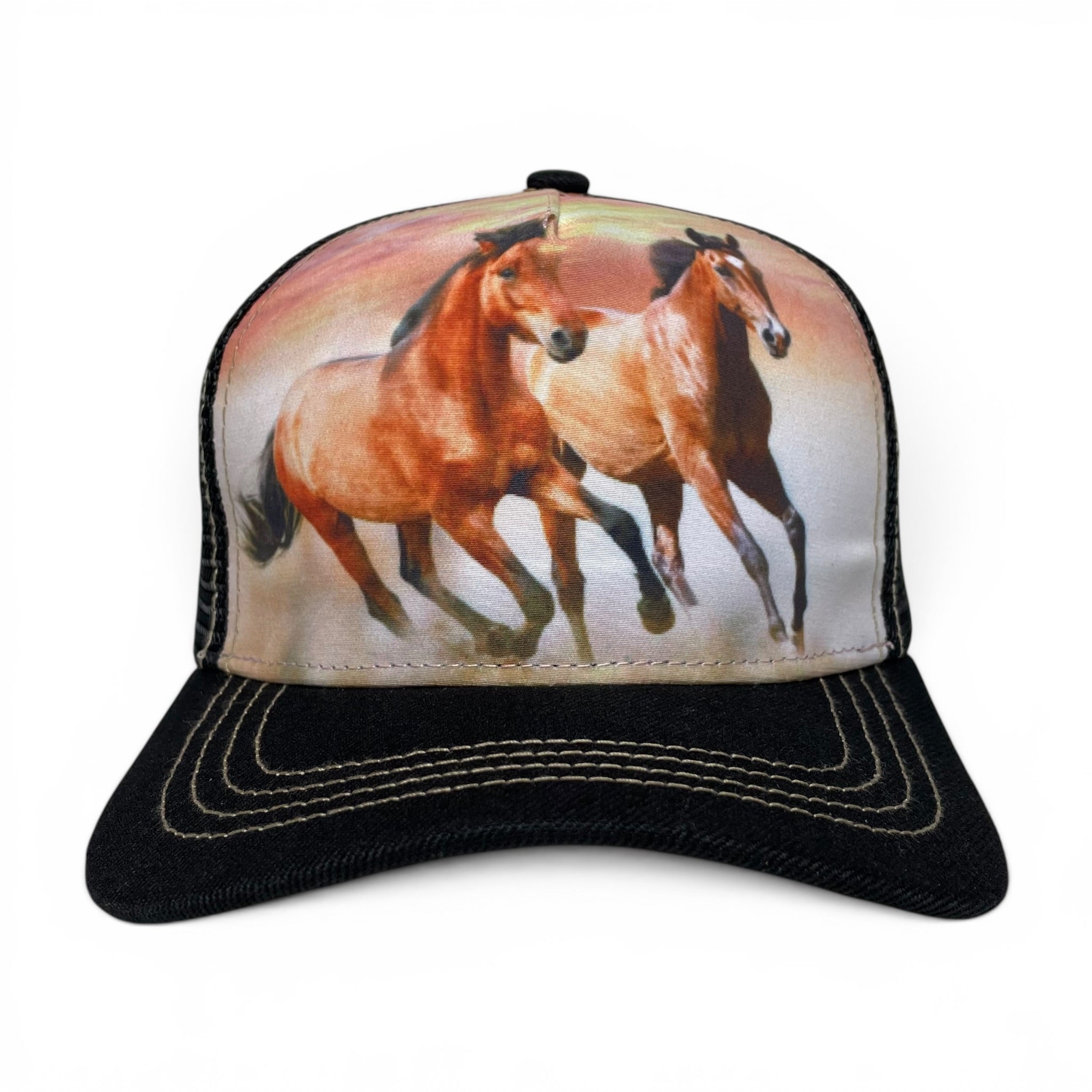 Gorra Dos Caballos Bronco Galopando, Negra, Ajustable, Estilo Ranchero