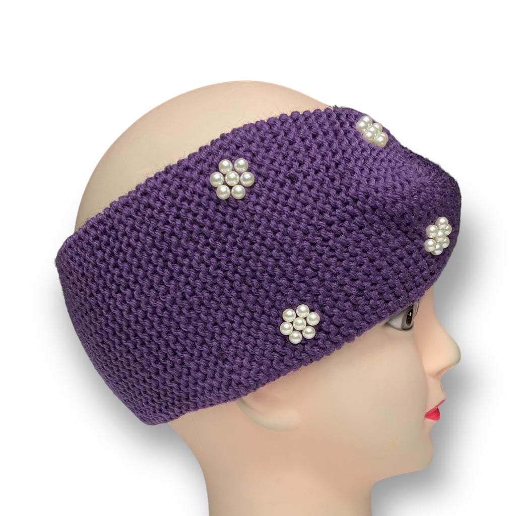 Women's Winter Knitted Pearls Ear Warmer Headband Hairband -Purple