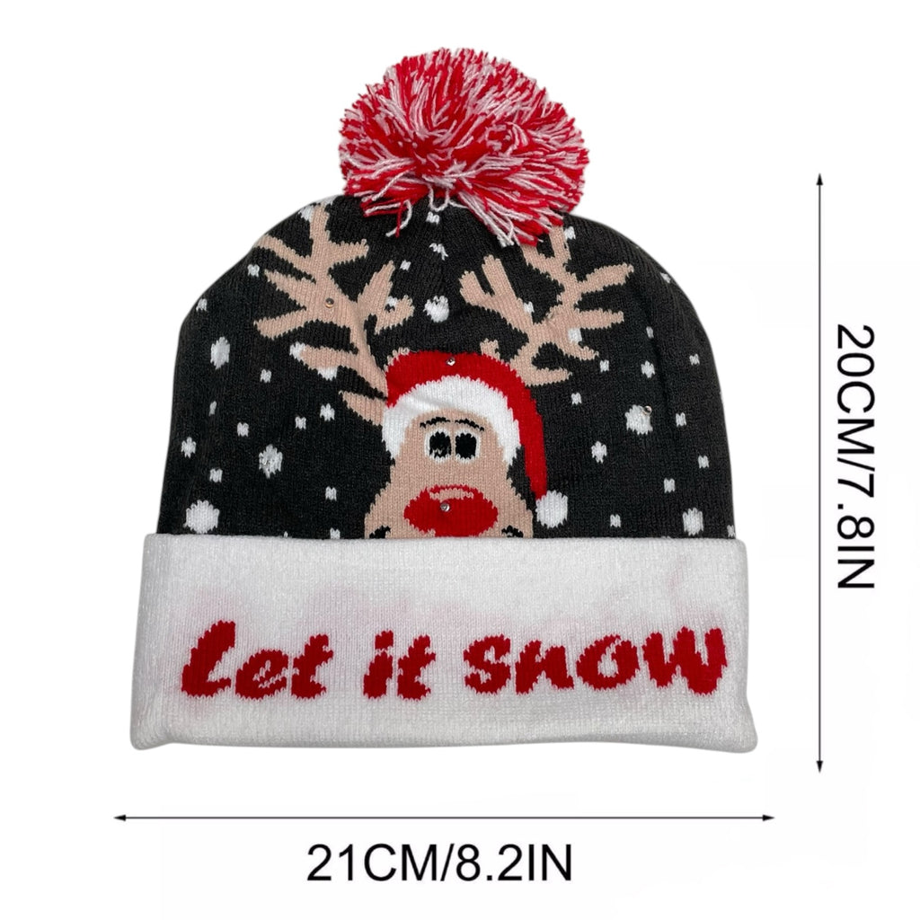 LED Christmas Beanie Knit Hat Light Up Tree Xmas Snowman Knitted Cap Adult Kids