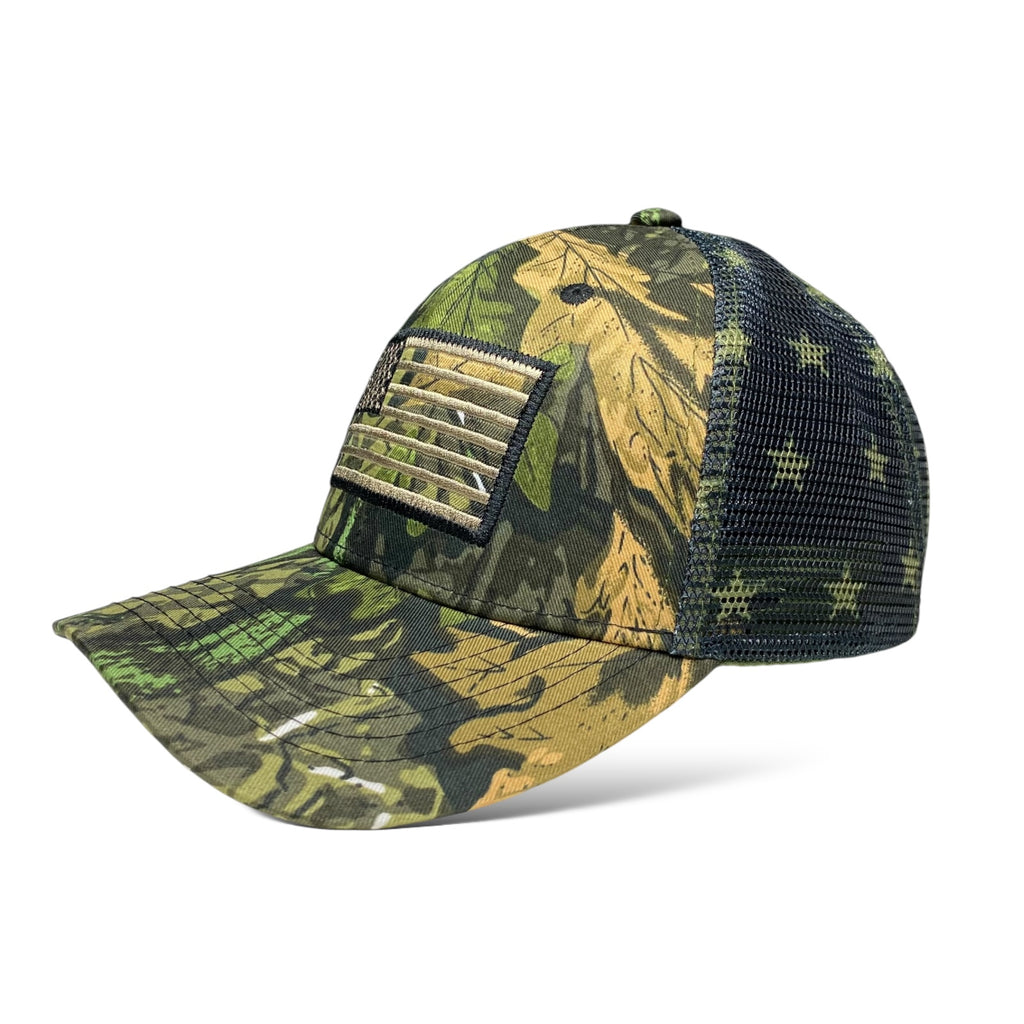 Camouflage Trucker Hat with Embroidered USA Flag - Tree and Leaf Pattern Cap