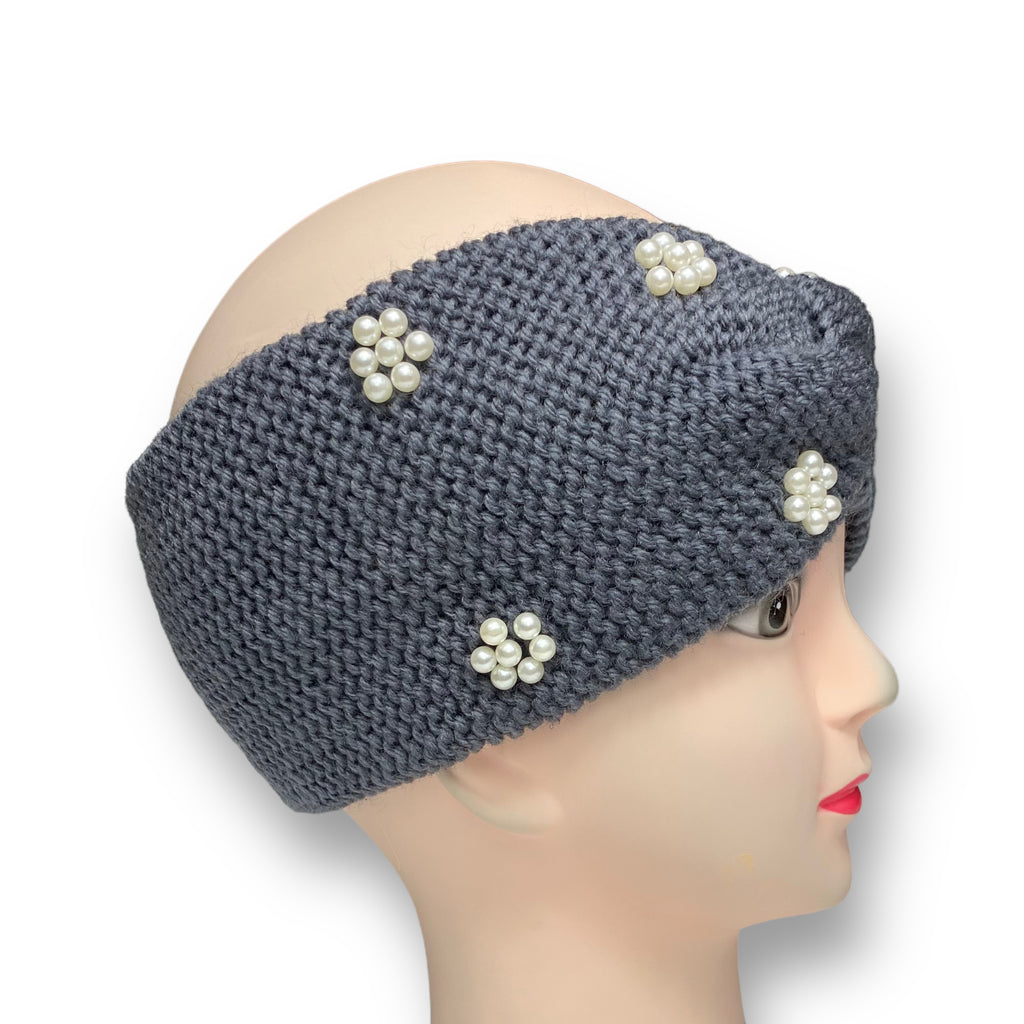 Women Crochet Knitted Turban Headband Pearl Bead Hairband Ear Warmer