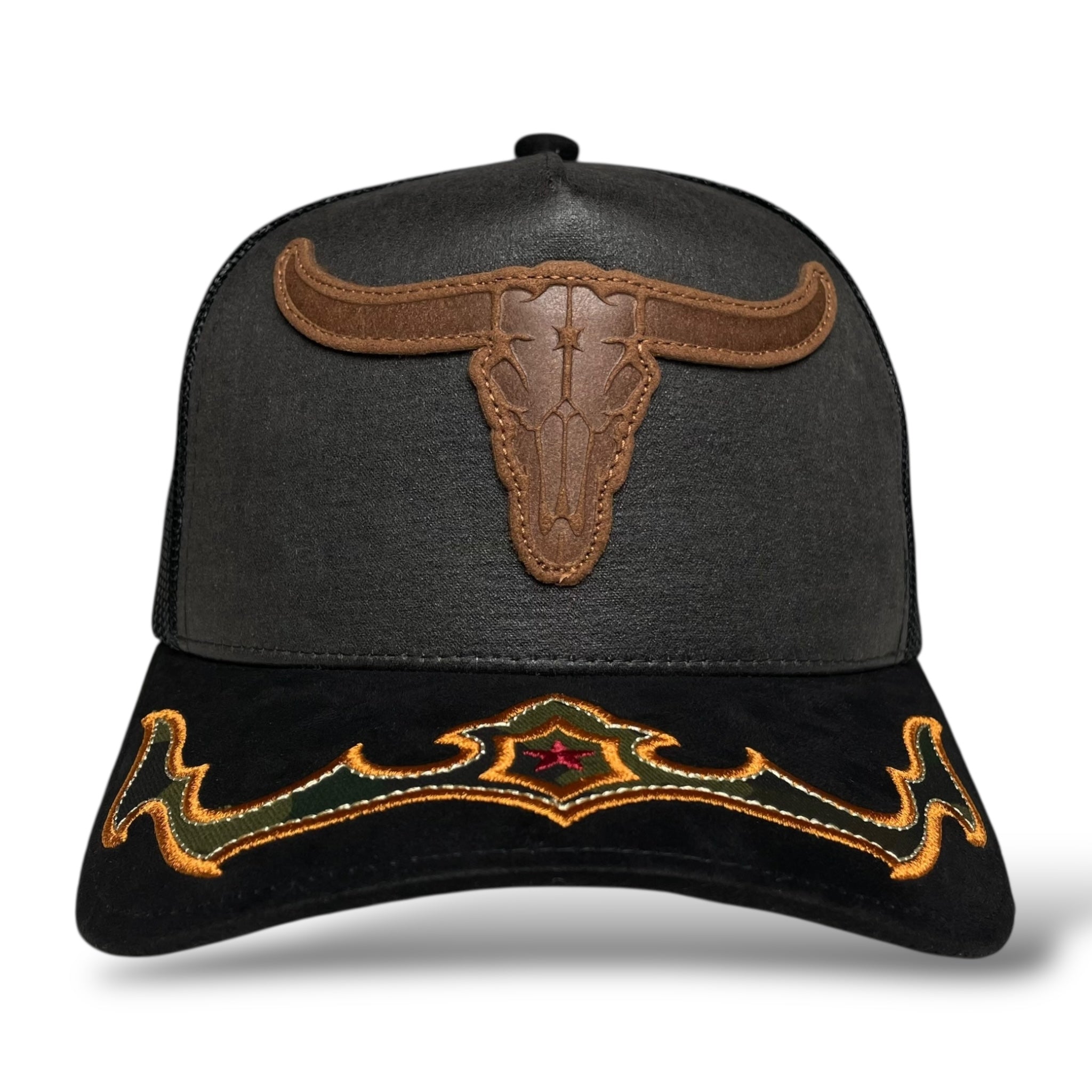 Cowboy Bull Longhorn Rodeo Western Trucker Hat with Suede Brim - Black