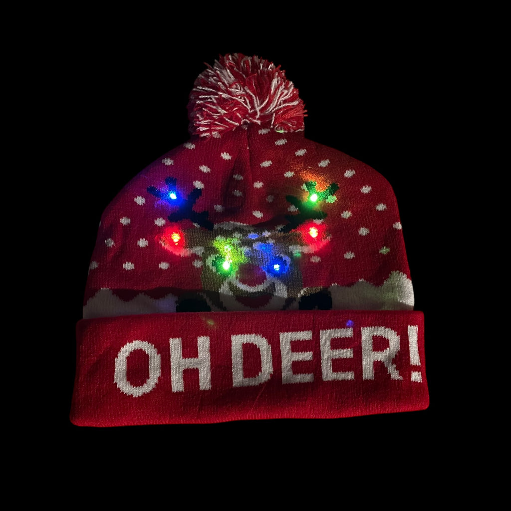 LED Christmas Beanie Knit Hat Light Up Tree Xmas Snowman Knitted Cap Adult Kids