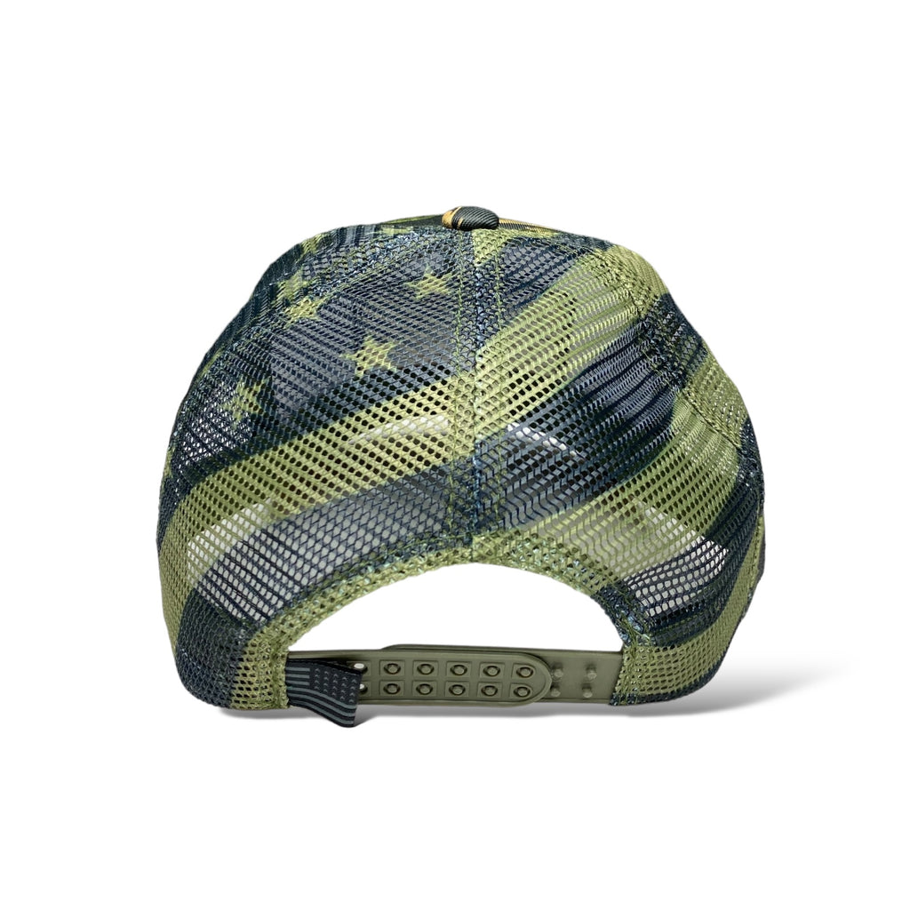 Trucker Hat with Camouflage Design, Embroidered USA Flag, and Tree & Leaf Patter