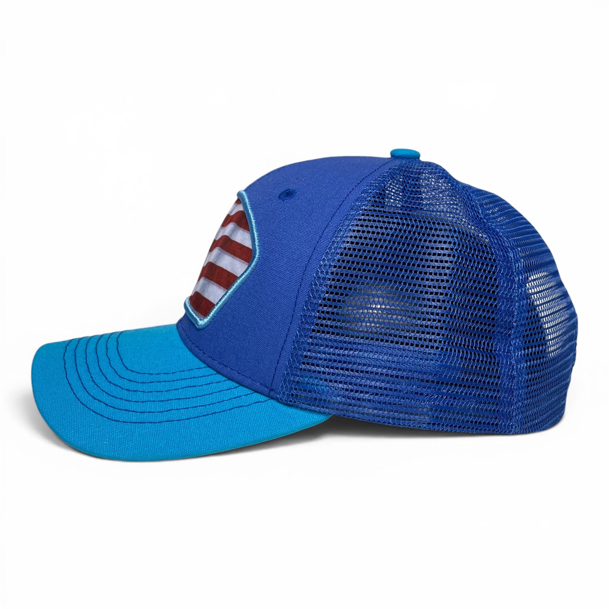 American Flag Trucker Snapback Cap – Blue, curved brim, Unisex