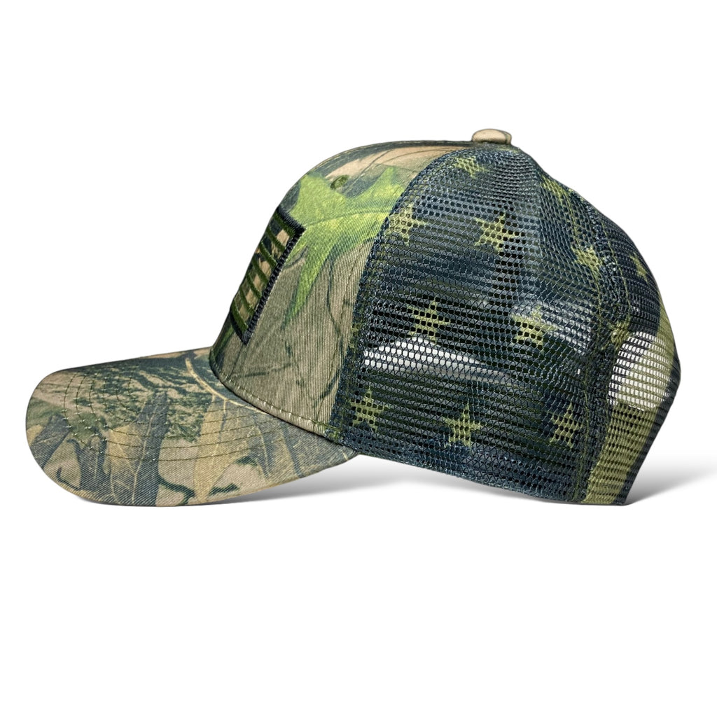 Camo Trucker Hat with USA Flag Embroidery - Tree and Leaf Pattern Cap