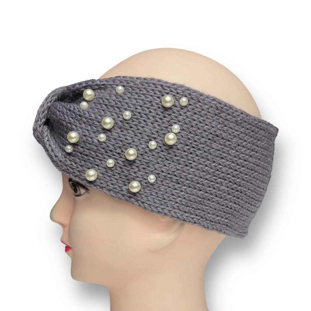 Women's Winter Knitted Ear Warmer Headband with Pearl Beads – Gray