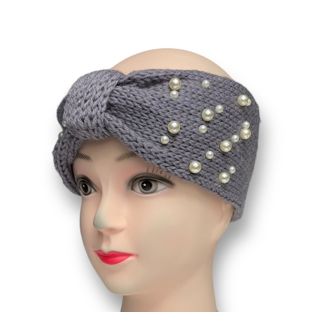 Gray women's knitted winter ear warmer headband with pearl beads, perfect for staying warm and fashionable in cold weather.