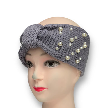 Gray women's knitted winter ear warmer headband with pearl beads, perfect for staying warm and fashionable in cold weather.