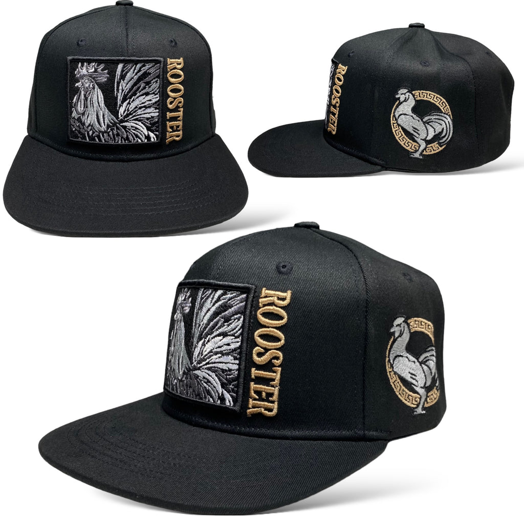 Black Snapback Cap with Embroidered Rooster Design