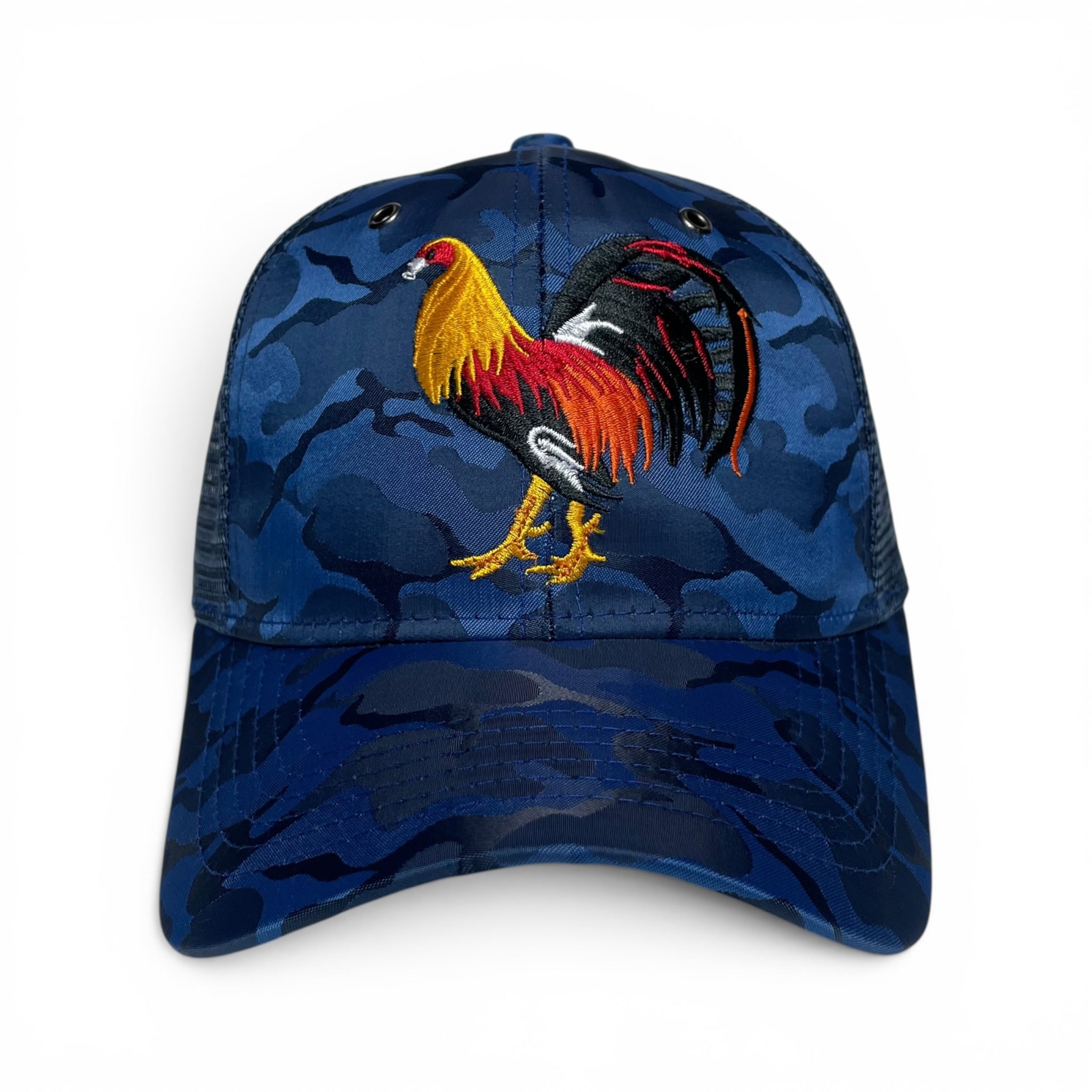 Rooster Embroidered Trucker Snapback Cap Blue Camo Rodeo Style