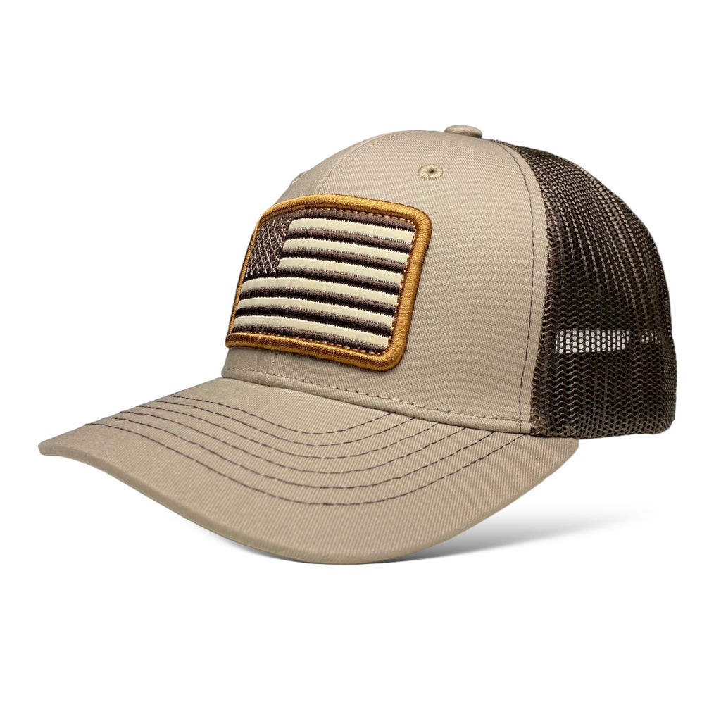 Tan and Brown Trucker Hat with Embroidered USA Flag Patch